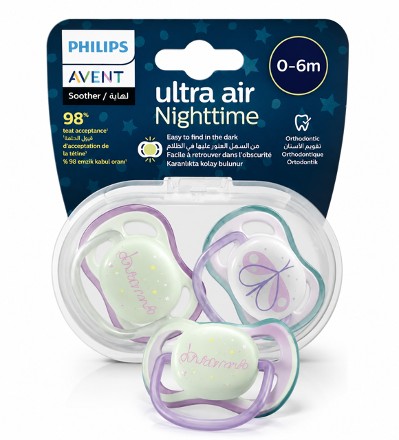 پستانک فیلیپس اونت Ultra Air Nighttime مدل شب‌تاب ۰ تا ۶ ماه بسته ۲ عددی