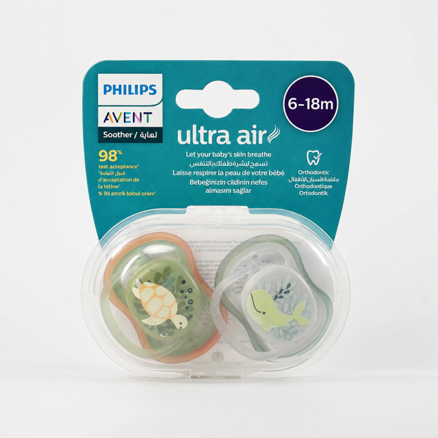 پستانک ارتودنسی فیلیپس اونت Ultra Air طرح لاک‌پشت و نهنگ مناسب ۶ تا ۱۸ ماه، بسته ۲ عددی