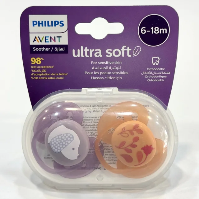 پستانک ارتودنسی فیلیپس اونت Ultra Soft، بسته ۲ عددی مناسب ۶ تا ۱۸ ماه طرح هاپو و گل